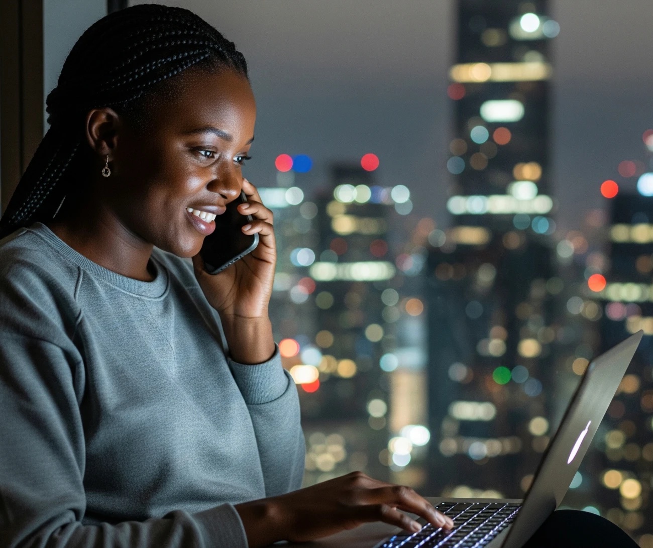 A shop owner smiling on a call with a customer while she manages her shop on a laptop